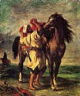 Eugene Delacroix A Moroccan Saddling A Horse painting